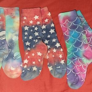 Unique Hand Dyed Tie Dyed Socks. Girls. Unique, Pretty, 3 Pairs.